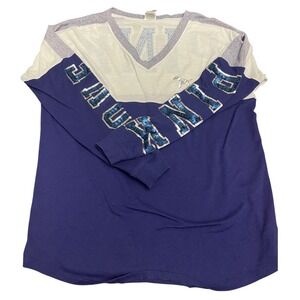 PINK Victoria's Secret Long Sleeve V Neck Sequin Graphic Shirt LARGE Navy Blue